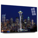 Large abstract wall art of Seattle skyline in muted blue tones on acrylic glass, suitable for bedroom or dining room decor.