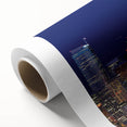 Art deco poster of Seattle skyline in muted gray and blue tones on rolled canvas, ideal for nursery wall art.