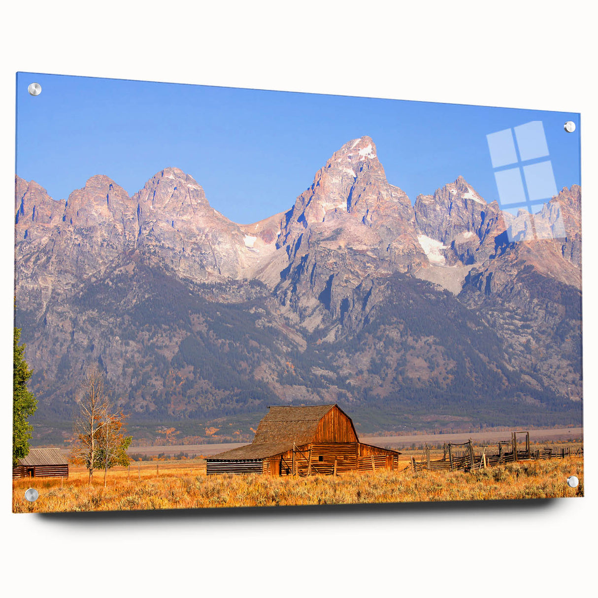 Acrylic print of the Grand Tetons in muted earth tones, suitable for bedroom or dining room decor.