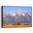 Black and white wall art depicting Grand Tetons landscape on framed canvas, ideal for bedroom decor.