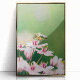 Large art print of a mid-century modernist spring scene in pastel shades, framed in gold acrylic, ideal for nursery wall art.