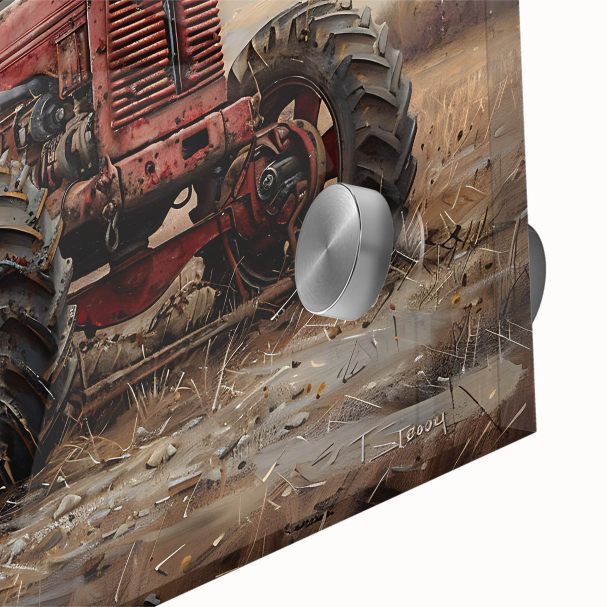 Mid-century modernist art of abstract vehicles in muted earth tones on acrylic glass, suitable for dining room ambiance.