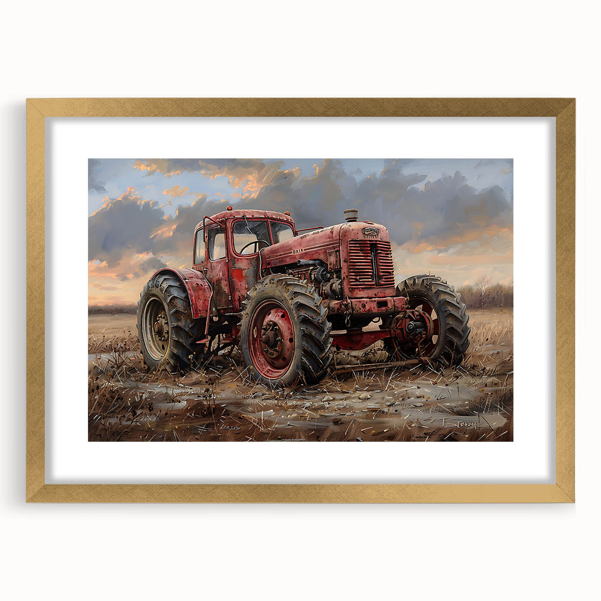 Extra large abstract art print featuring textured vehicles and transportation motifs in muted gold, framed with mat.