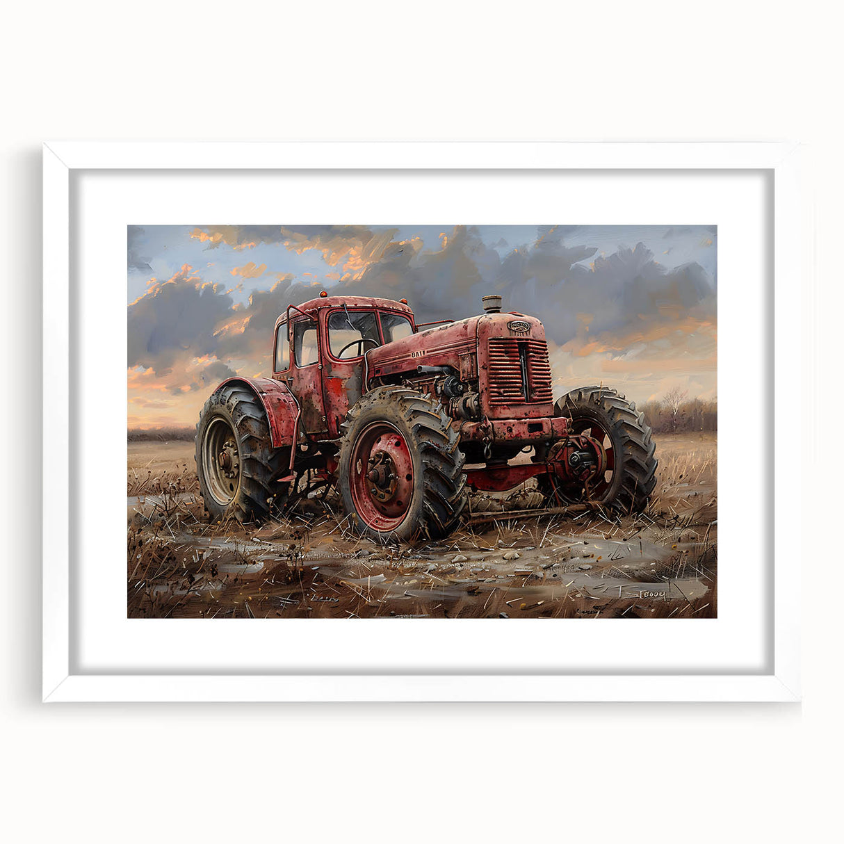 Abstract art print featuring various modes of transportation in muted gray and blue tones on a white framed poster.