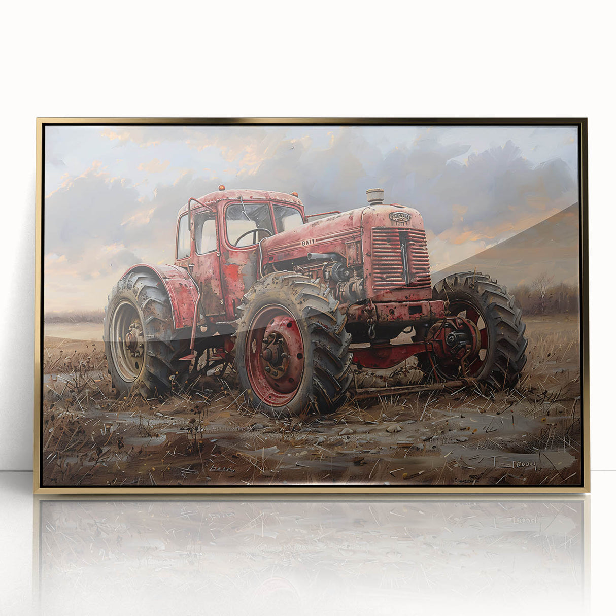 Mid-century modernist style large art print featuring assorted vehicles in muted colors on acrylic.