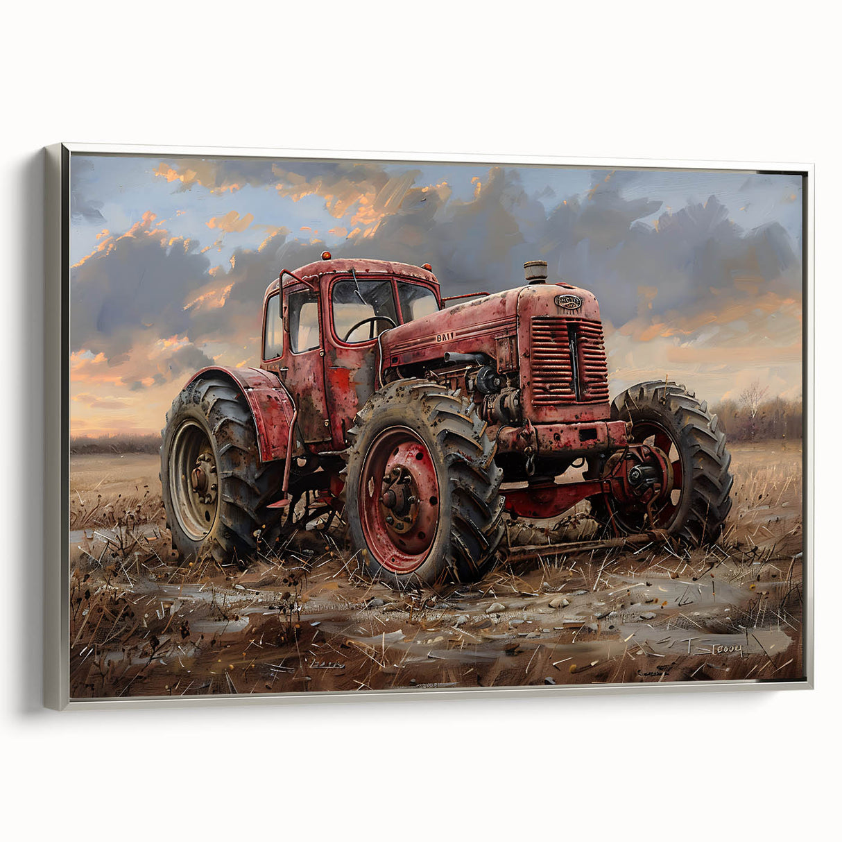 Landscape art painting of colorful vintage vehicles on black background in a silver frame, ideal for a home office.