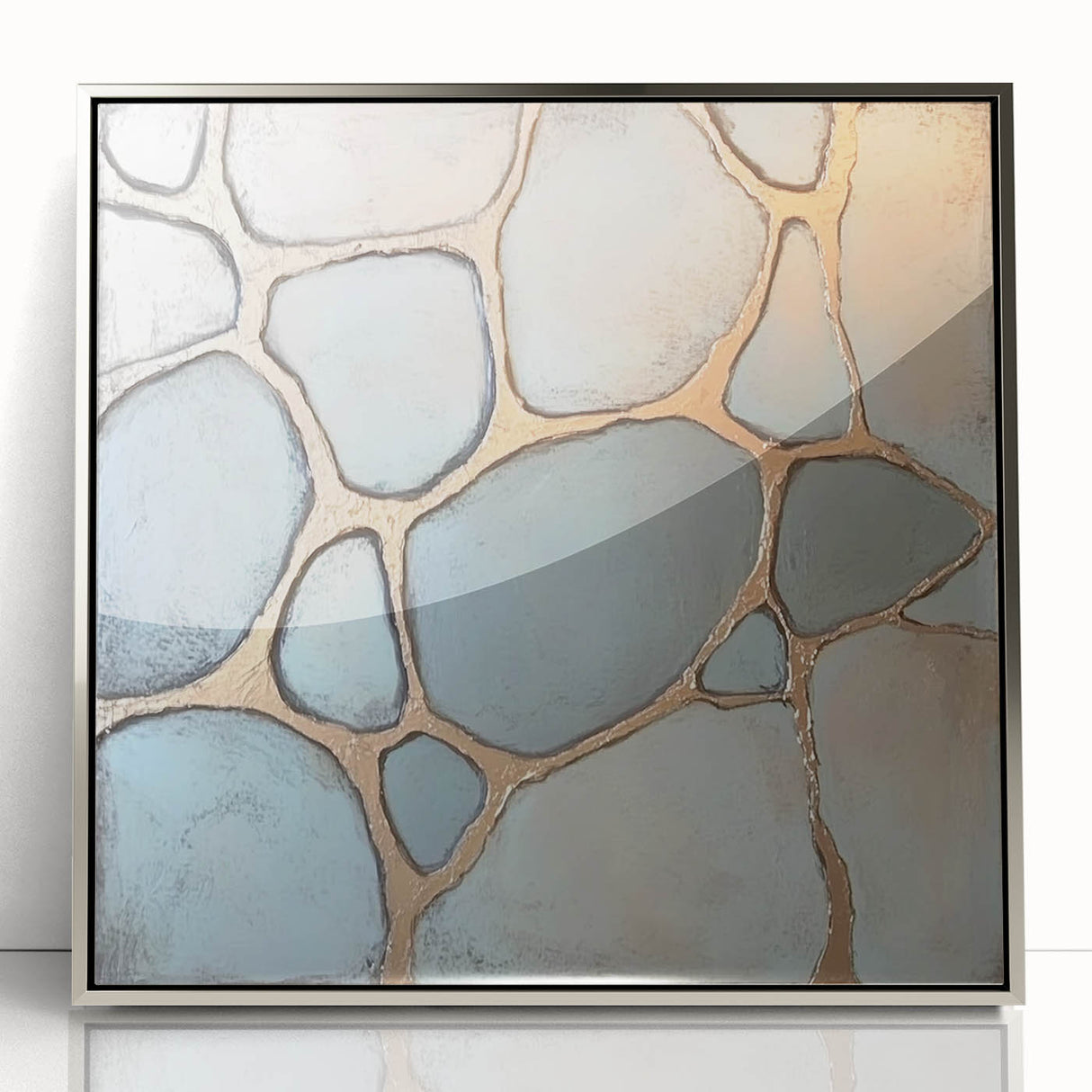 Abstract geometric design featuring a silver-framed acrylic wall art piece with sharp angles and a modern aesthetic. Ideal for contemporary home decor.