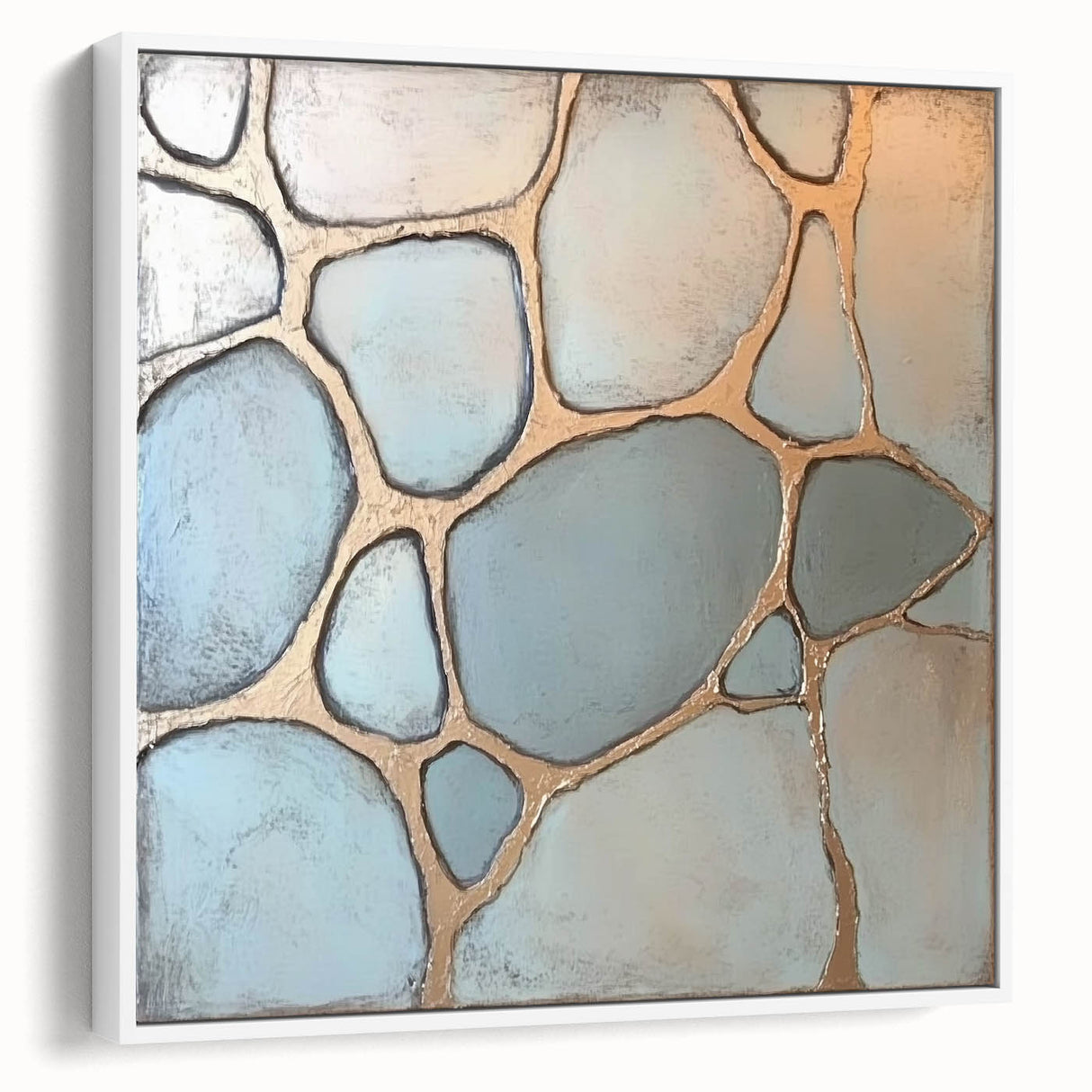 Abstract geometric framed canvas art in a sleek white frame, showcasing bold shapes and vibrant colors, perfect for modern home decor. Side view highlights the artistic depth and contemporary style ideal for enhancing any living space.