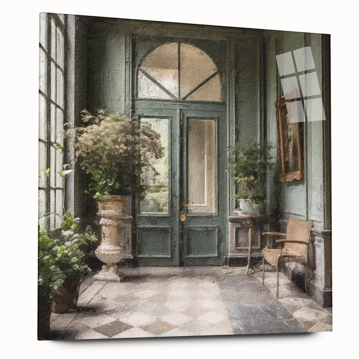 Large abstract wall art print on acrylic glass featuring a French door design in muted gray tones.