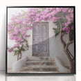 Large abstract wall art depicting a minimalist Greek door design in black and white tones on a framed acrylic.