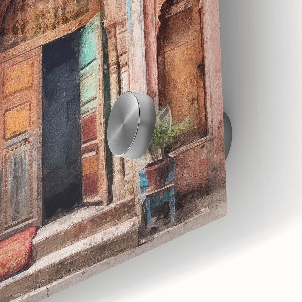 Close-up of a mid-century modernist acrylic glass print featuring an Indian architecture door, ideal for dining room art.