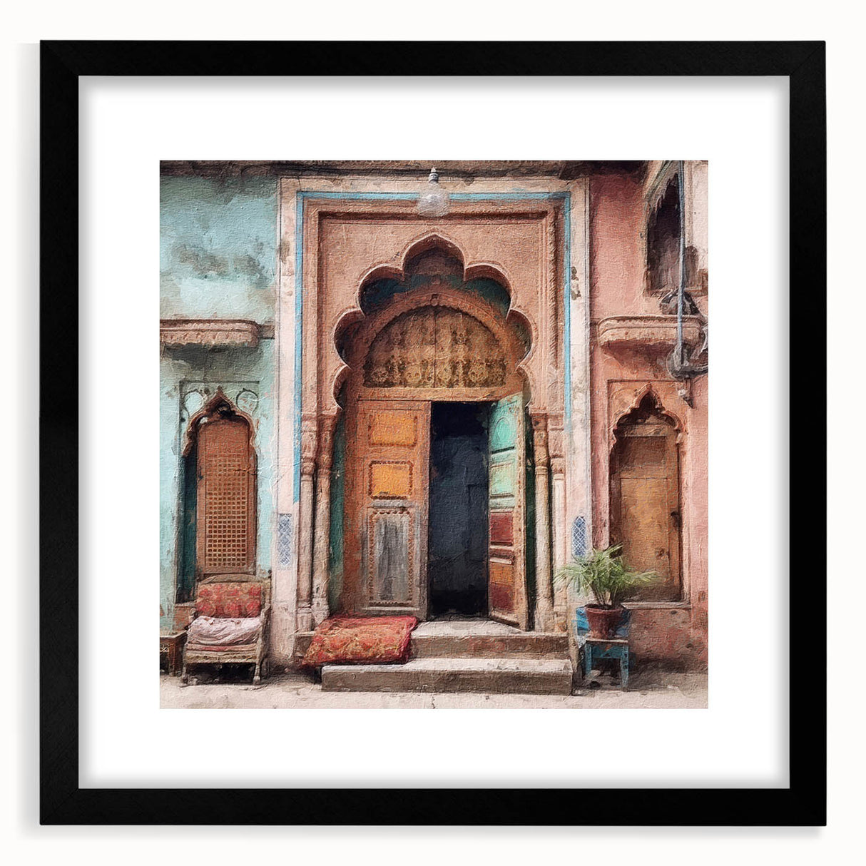 Extra large textured abstract art print featuring a colorful Indian door design on a framed canvas.