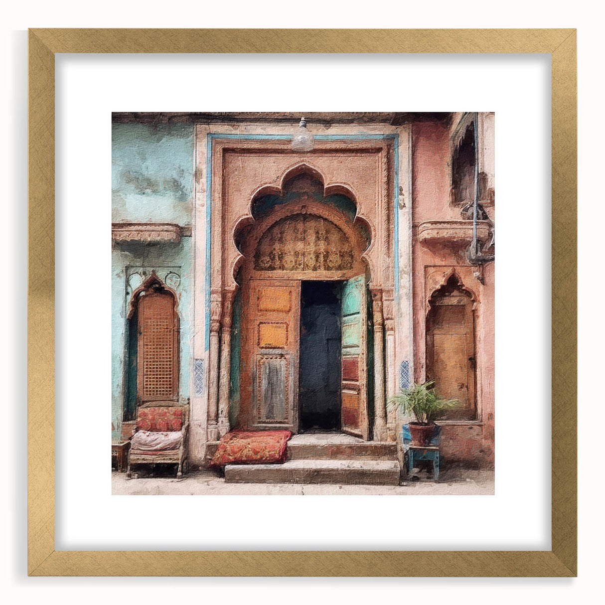 Extra large wall art featuring a textured abstract print of an Indian door in gold and brown tones, mounted in a frame.