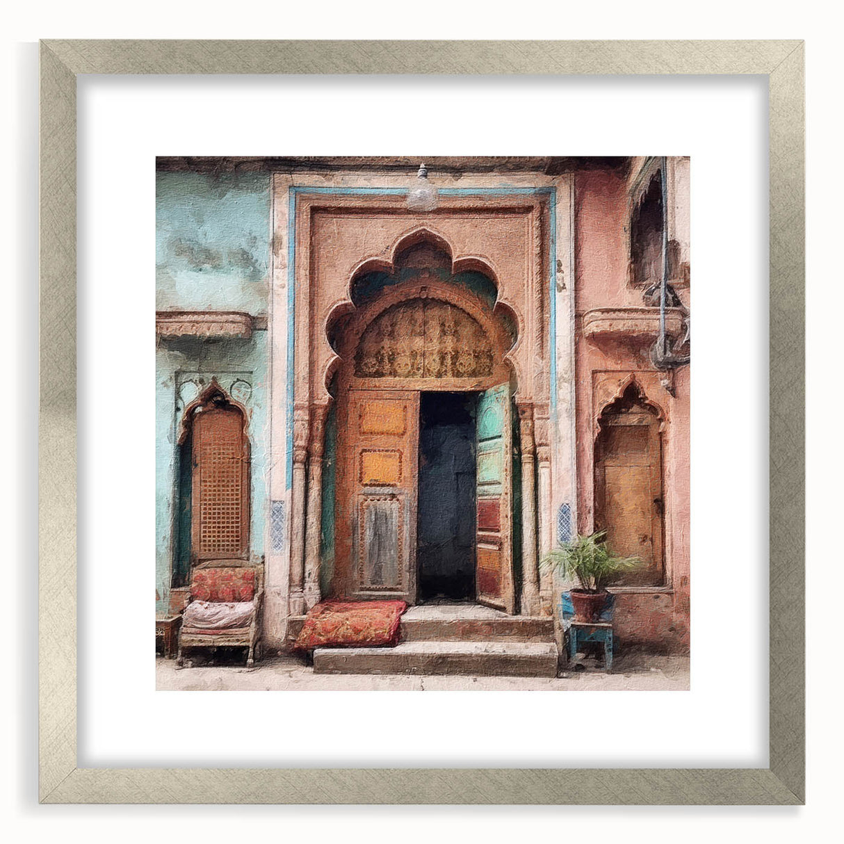 Textured art print of an abstract Indian door in muted earth tones on a framed canvas, ideal for bedroom art.