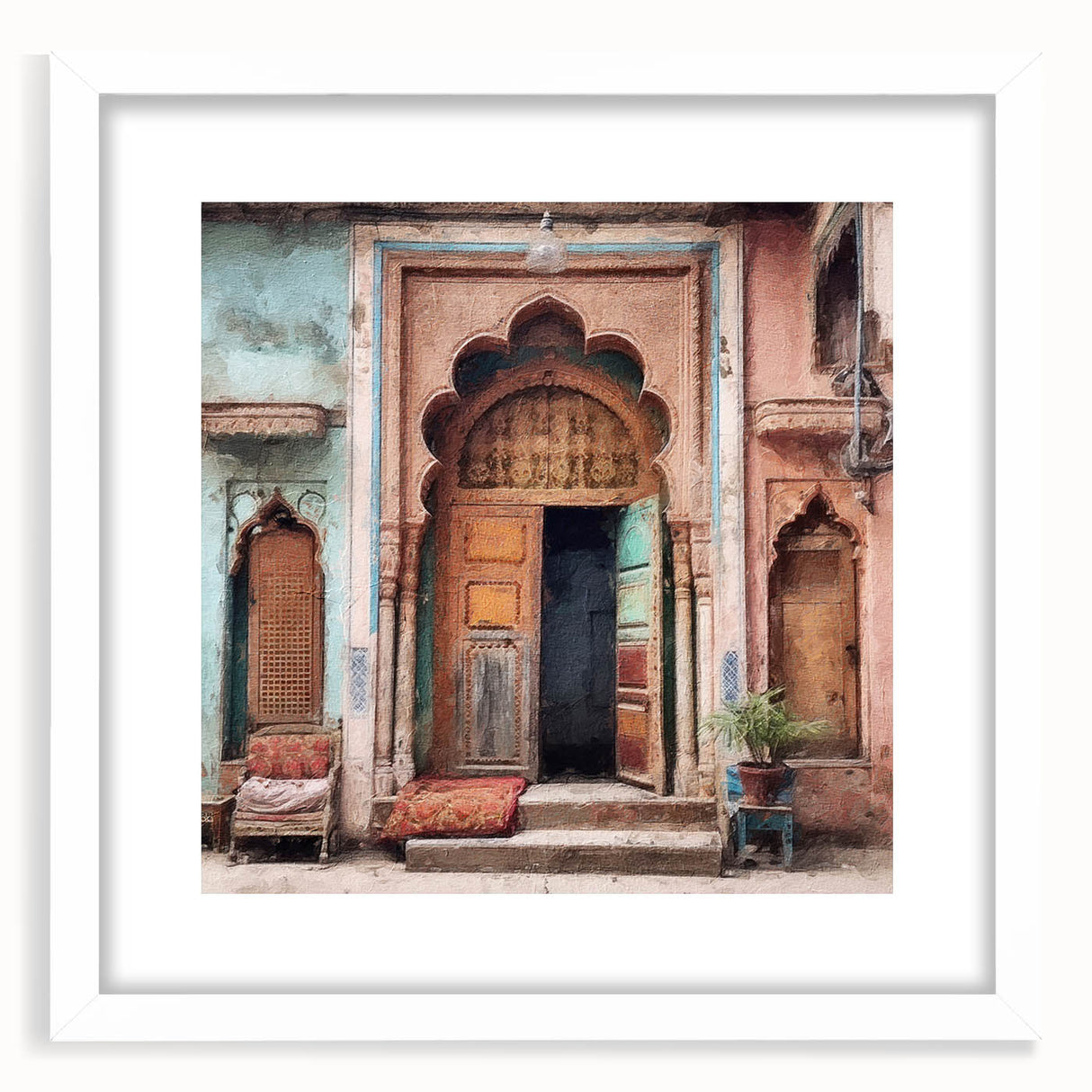 Abstract art print of an Indian architecture door in muted earth tones, framed with a white mat, ideal for dining room decor.