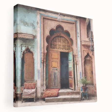 Indian architecture door design on stretched canvas, in earthy red and brown tones, ideal for kitchen wall art.