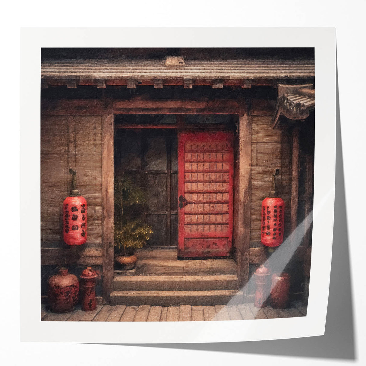 Japanese-style door in a floral motif on a glossy photo print, suitable as art wall for dining room.