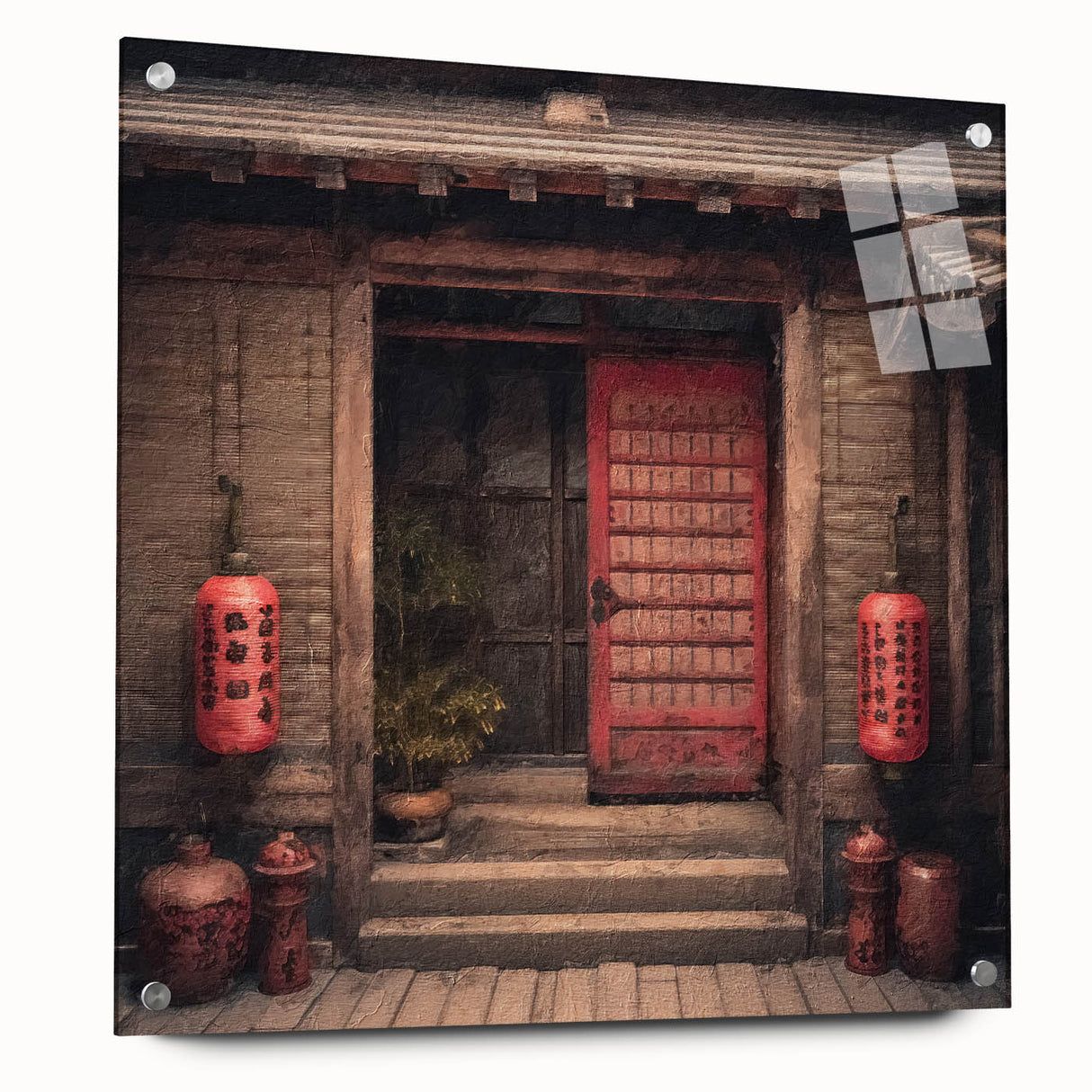 Acrylic print of a Japanese door in muted earth tones, ideal for dining room art.