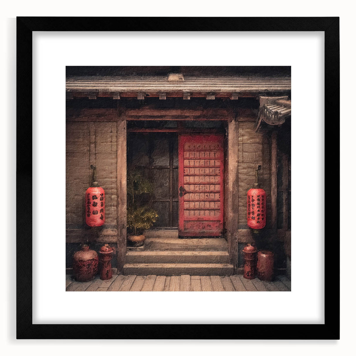 Extra large framed abstract art print featuring a colorful, textured depiction of a traditional Japanese door.
