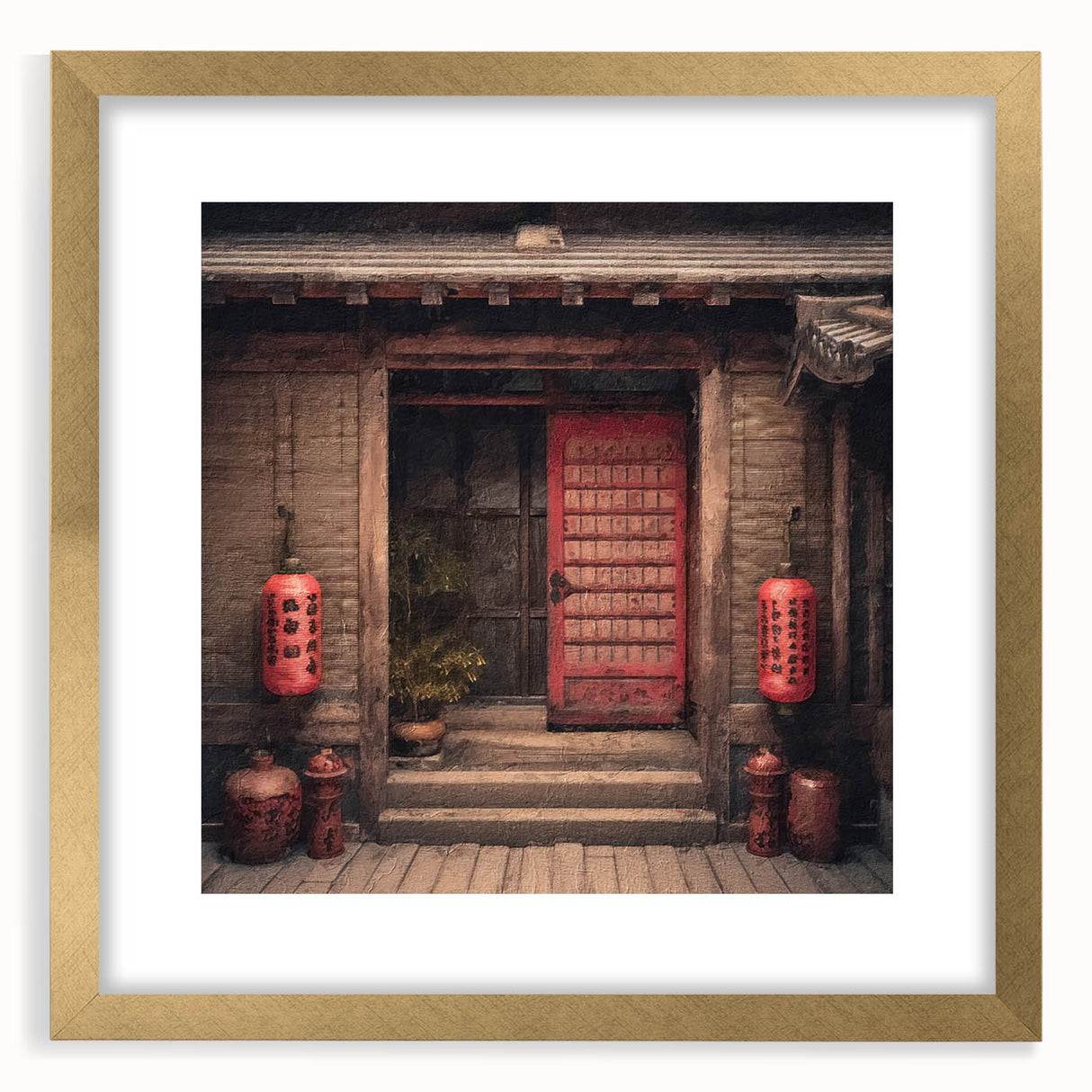 Extra large abstract art print featuring a textured design of a Japanese door, in a gold frame with mat.