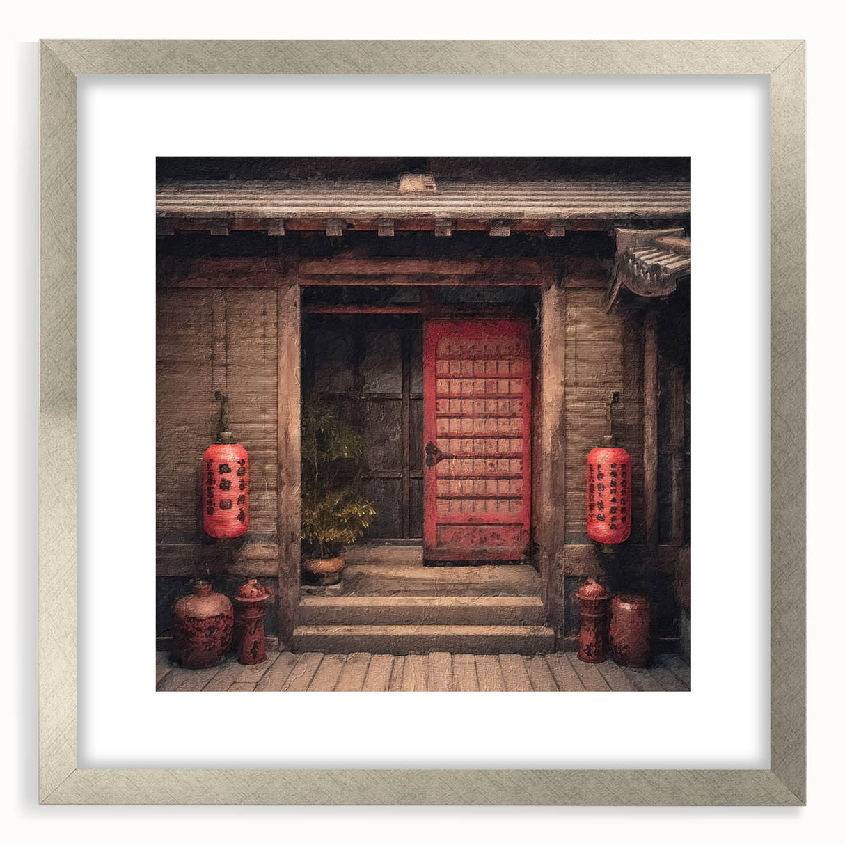 Textured art print of a Japanese door in muted earth tones on a silver-framed mat, suitable for bedroom art.