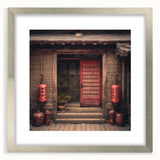 Textured art print of a Japanese door in muted earth tones on a silver-framed mat, suitable for bedroom art.