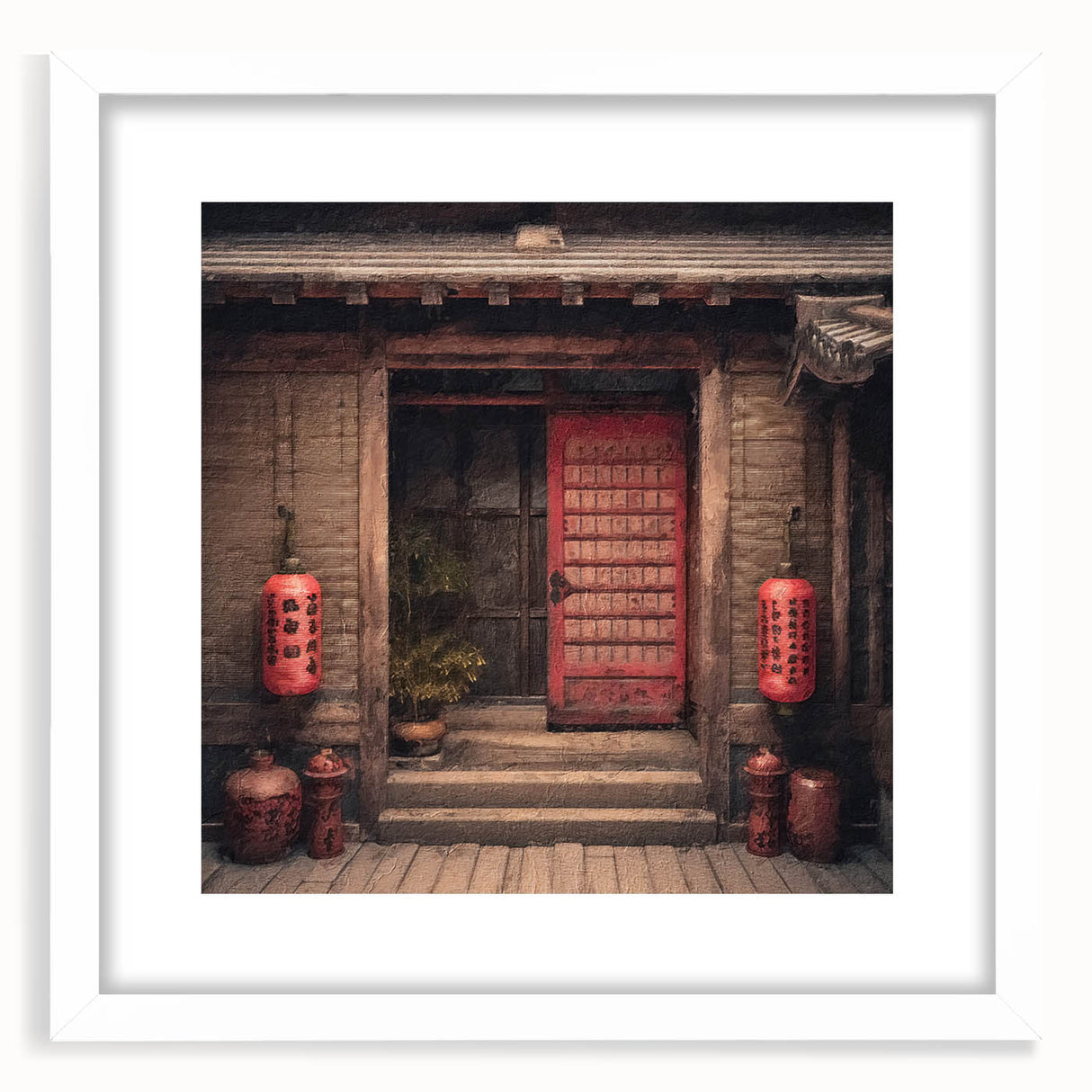 Abstract art print of a Japanese door in muted gray and white tones on a framed poster, suitable for dining room decor.