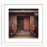 Abstract art print of a Japanese door in muted gray and white tones on a framed poster, suitable for dining room decor.