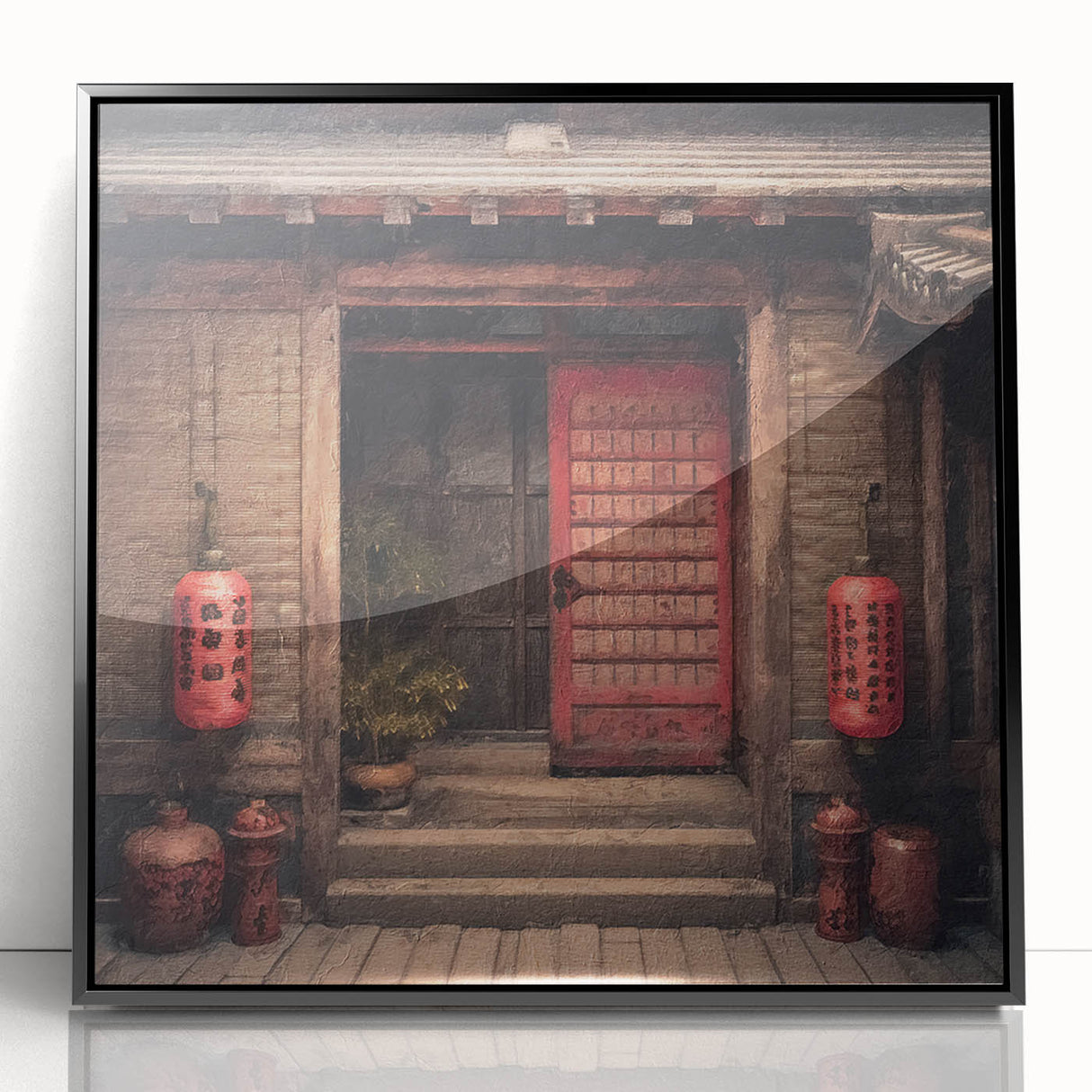 Large abstract wall art featuring a Japanese door design in black and white tones, framed in acrylic.