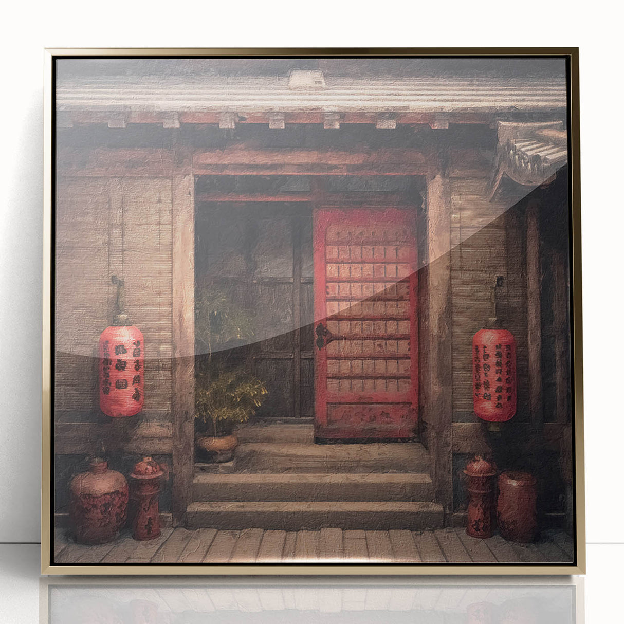 Acrylic print of a Japanese door in gold and black, mid-century modernist style, ideal for modern art wall decor.
