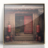 Acrylic print of a Japanese door in gold and black, mid-century modernist style, ideal for modern art wall decor.