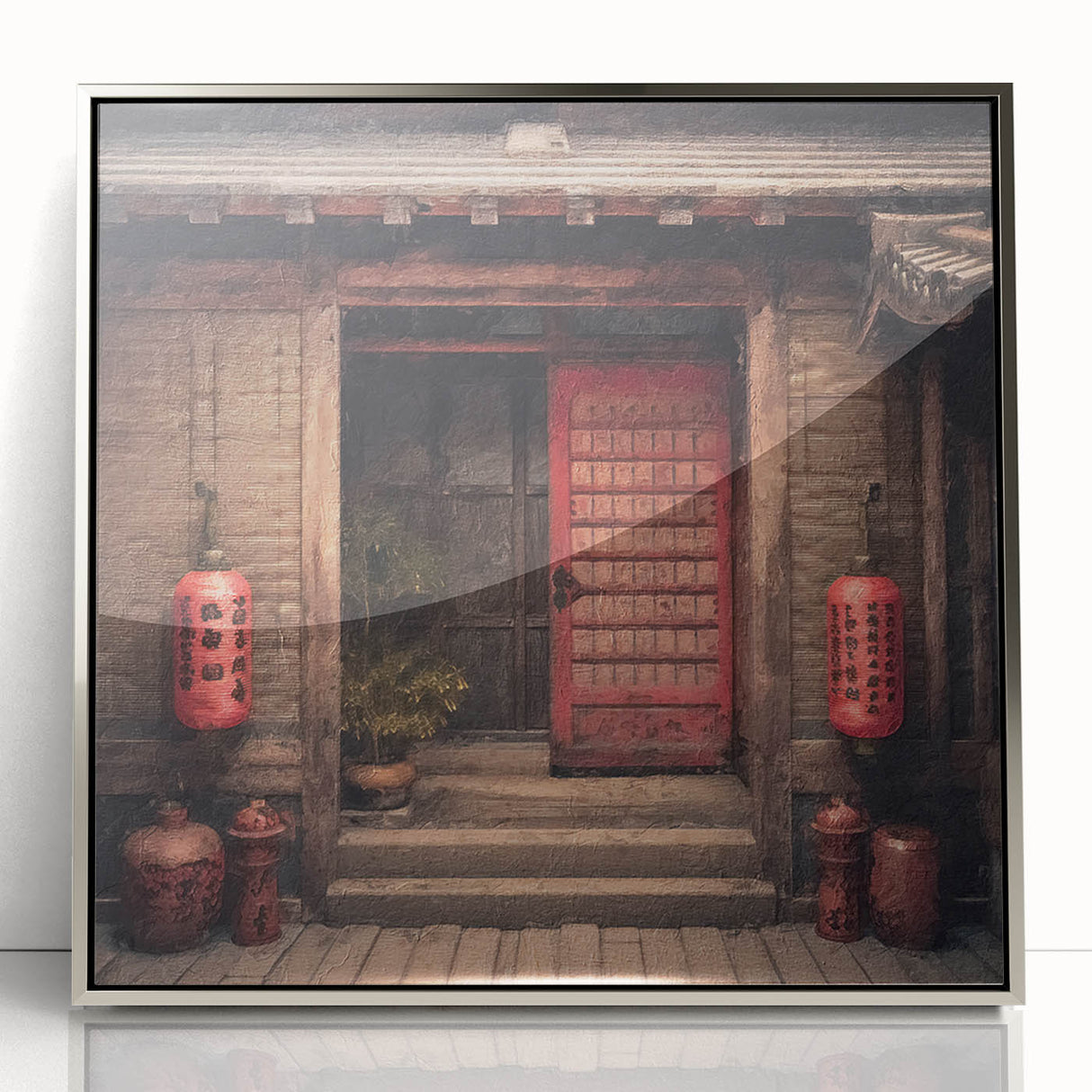 Mid-century modernist Japanese door design in silver frame, acrylic print, suitable for nursery wall art.