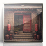 Mid-century modernist Japanese door design in silver frame, acrylic print, suitable for nursery wall art.