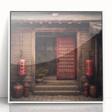 Art Deco-style door design in white and gray tones on a framed acrylic print, suitable for modern art wall decor.