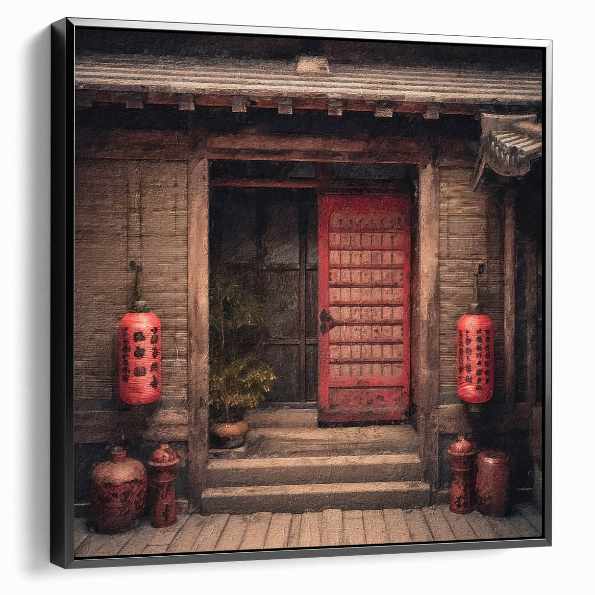 Black and white framed canvas of a Japanese door, in vintage poster style, ideal for bedroom wall art.