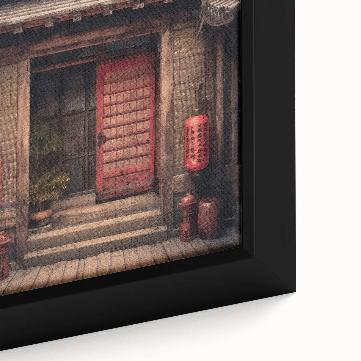 Close-up of a black framed canvas depicting a Japanese door, with textured, colorful art, ideal for living room decor.