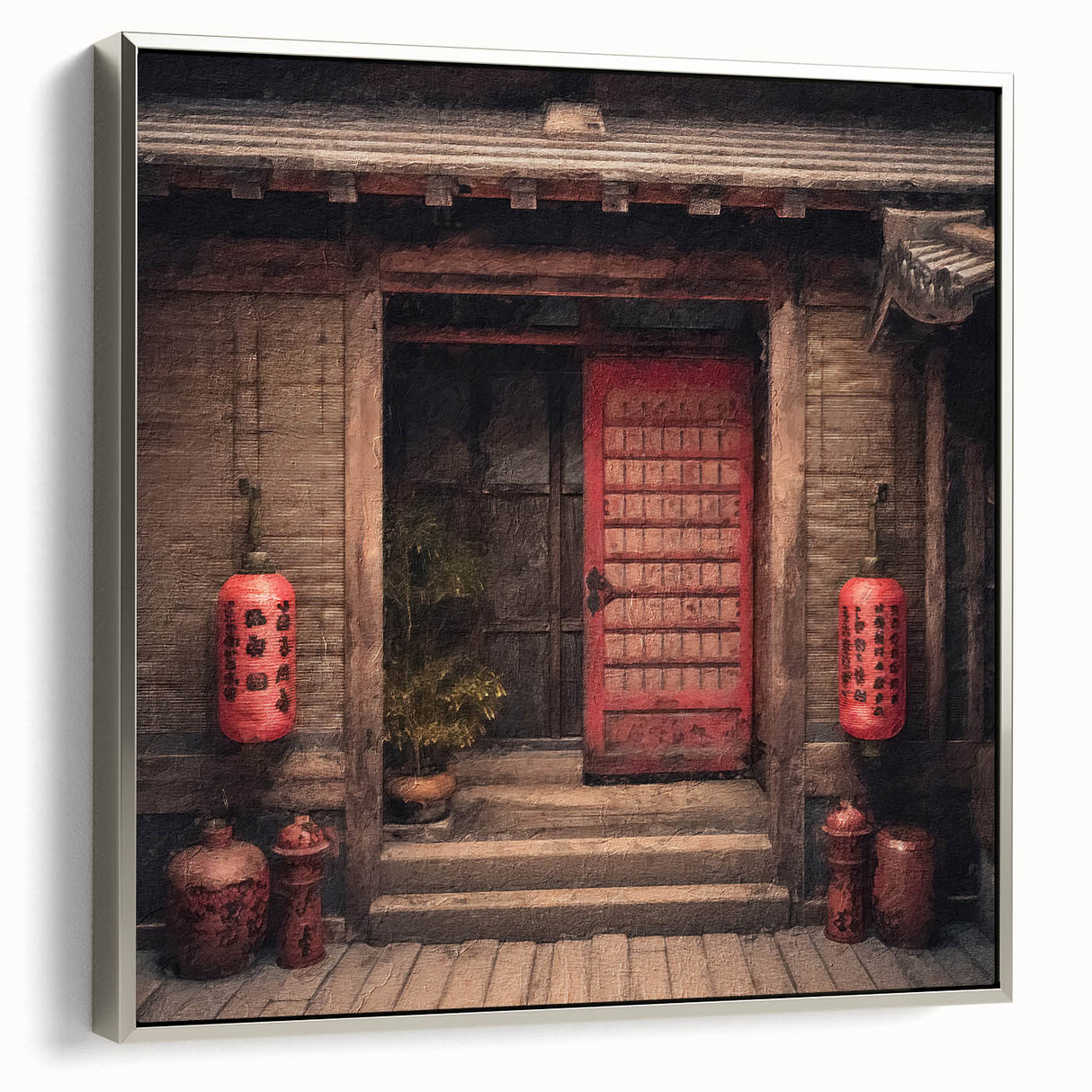 Framed canvas of a vintage Japanese door in black with colorful accents, ideal for adding a cultural touch to any room.