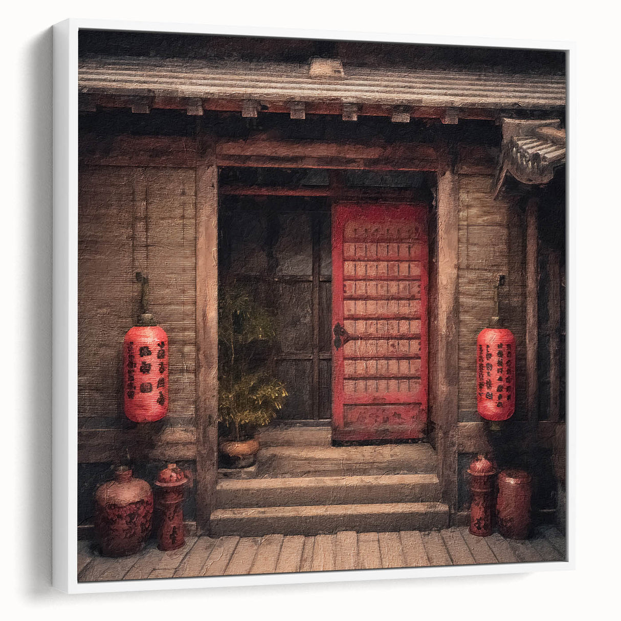 Vintage poster art of a Japanese door, framed canvas in black and colorful tones, suitable for living room decor.
