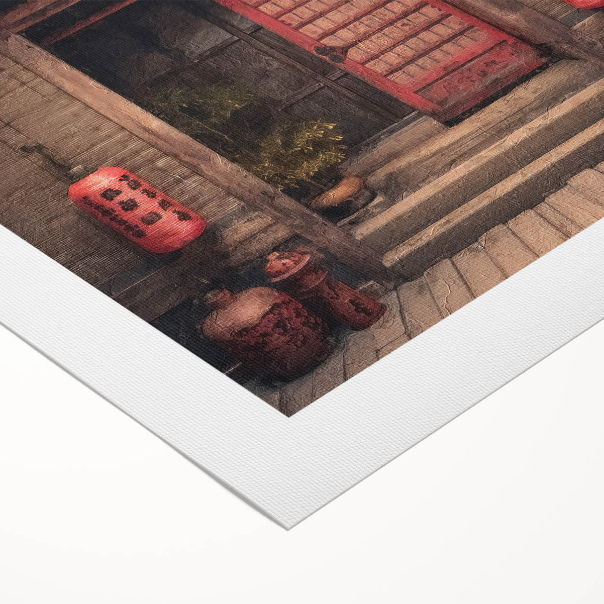 Art deco poster featuring a Japanese door design on rolled canvas, with muted earth tones, suitable for dining room wall art.