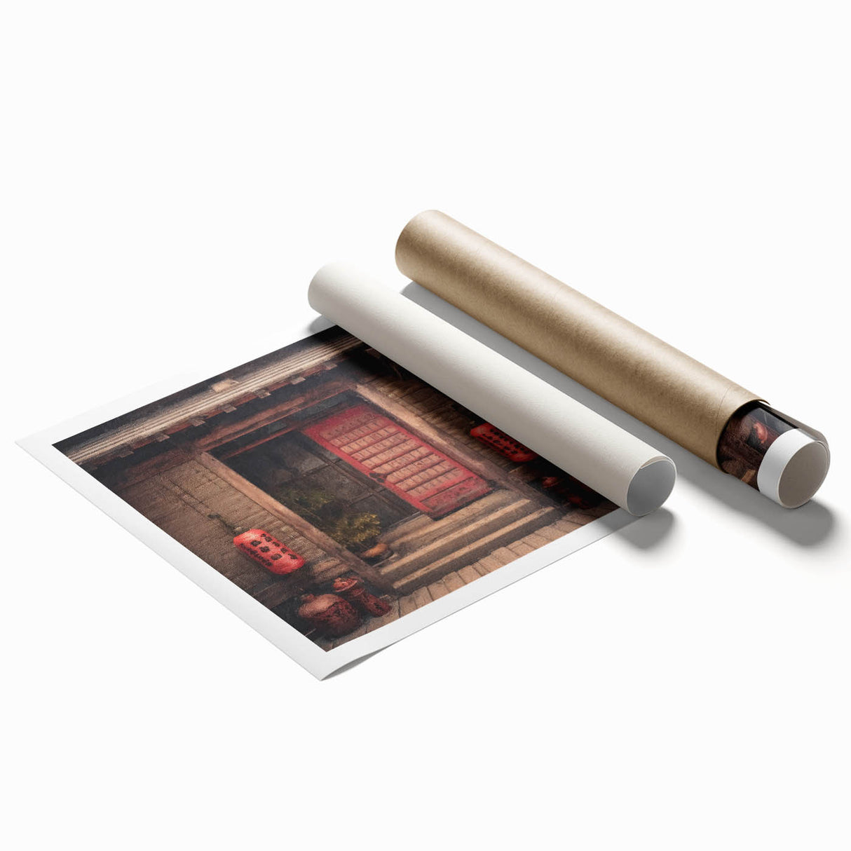 Extra large rolled print featuring a traditional Japanese door design with floral motifs in soft hues.