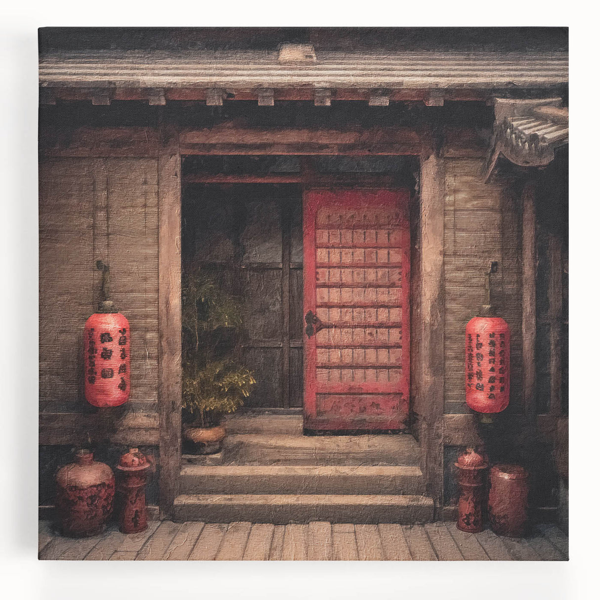 Black and white photo of a Japanese door on stretched canvas, suitable as large kitchen wall art.