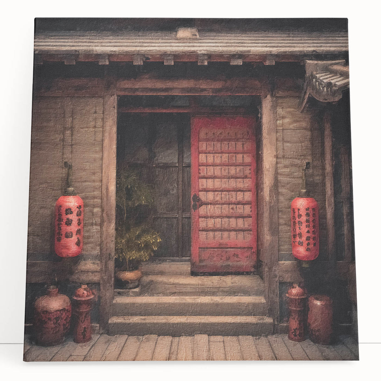 Black and white photo of a Japanese door on stretched canvas, suited as large kitchen or bedroom wall art.