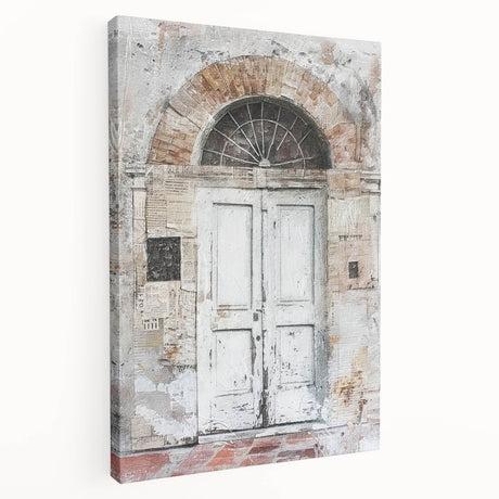 Rustic Italian door design on stretched canvas, showing muted earth tones, ideal for kitchen wall art.