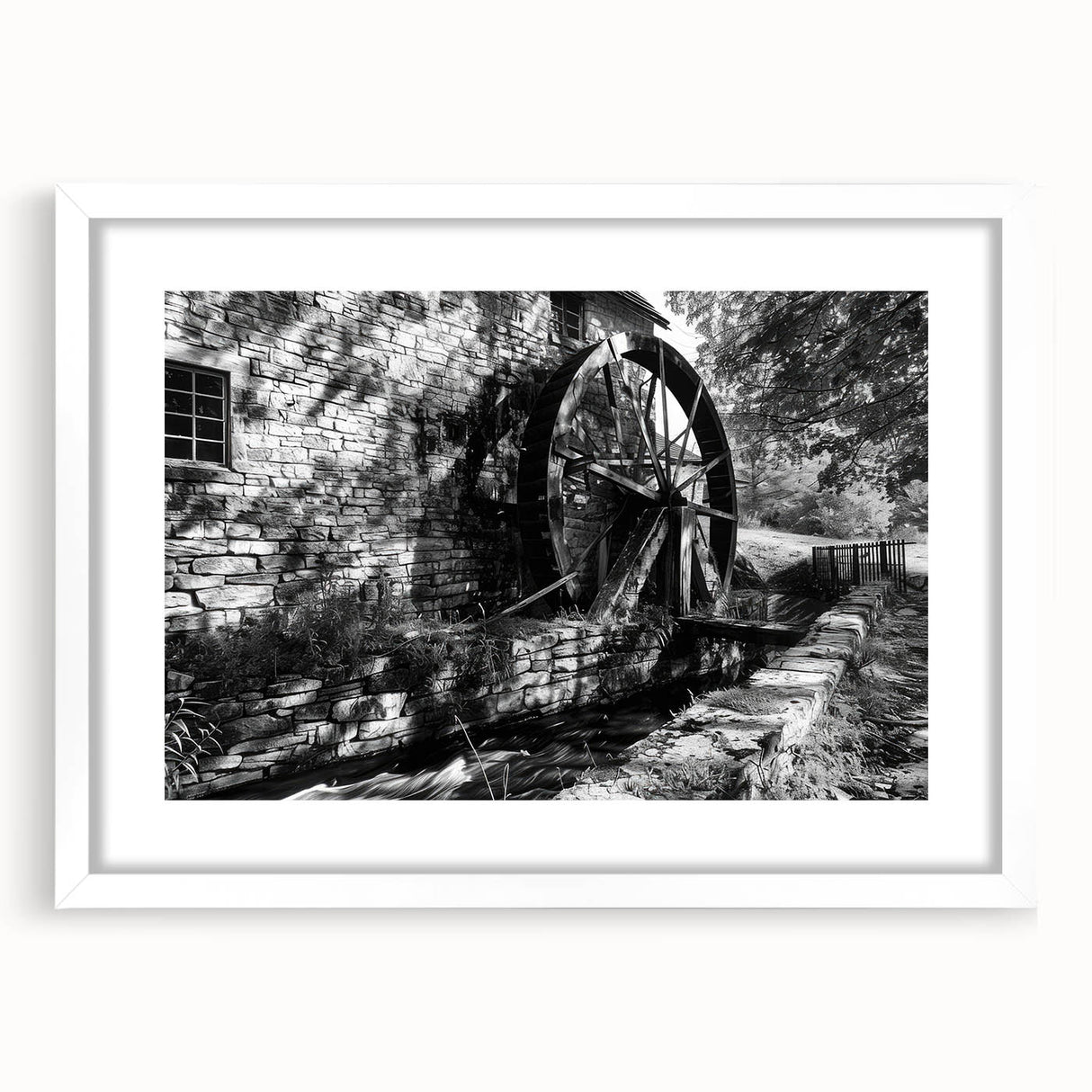 Abstract art print featuring swirling blue and gray patterns on a white framed canvas.