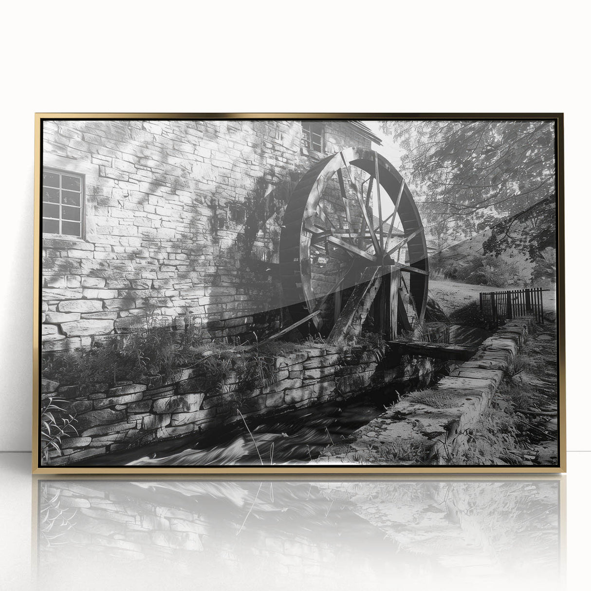 Large art print of a mid-century modernist architecture in gold and black tones, acrylic framed.