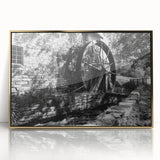 Large art print of a mid-century modernist architecture in gold and black tones, acrylic framed.