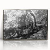 Mid-century modernist art deco poster of geometric shapes in muted gray and blue tones, framed acrylic print.
