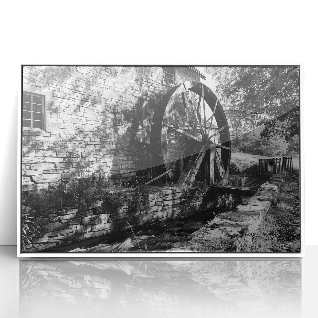 Art deco poster of geometric architecture in black and white, acrylic framed, ideal for modern nursery wall art.