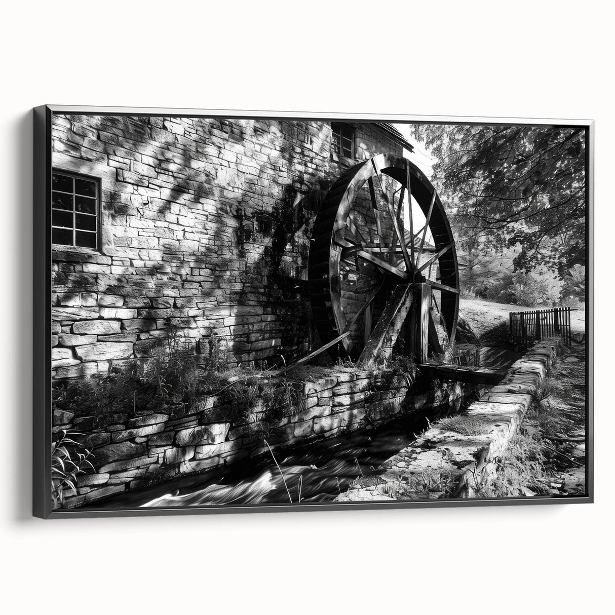 Black and white framed canvas of a vintage architectural landscape, ideal for bedroom wall art.