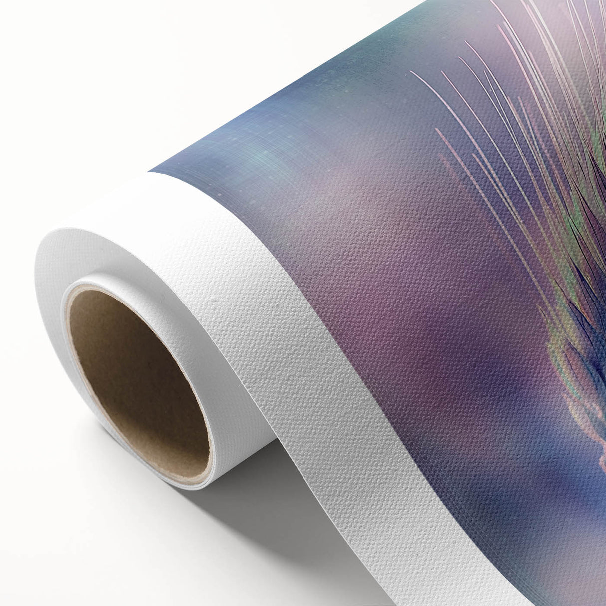 Rolled canvas showcasing a vibrant floral and botanical design, featuring intricate details and rich colors, elegantly packaged in a protective cardboard tube. Ideal for home decor enthusiasts.